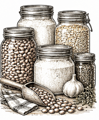 Vintage black and white illustration of canning jars and a canner for Preserve It