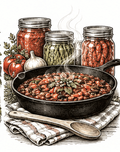 Vintage black and white illustration of a cast iron skillet meal for Cook It