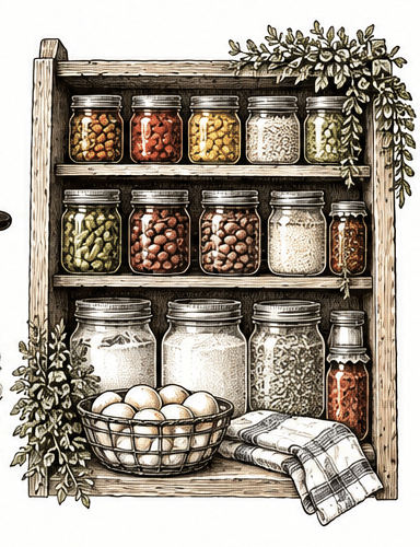Vintage black and white illustration of canning jars and a canner for Preserve It