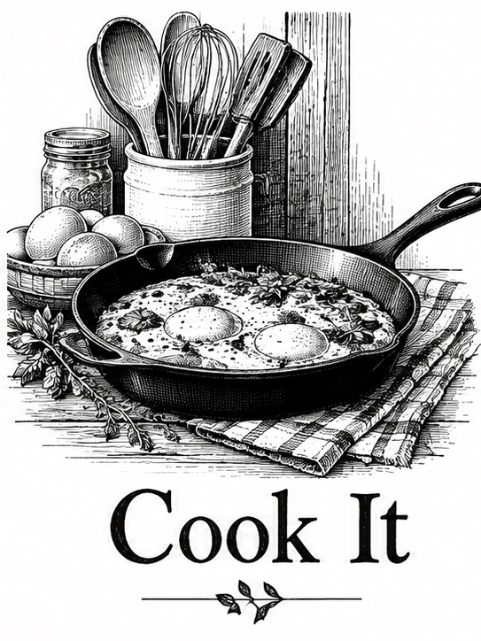 Vintage black and white illustration of a cast iron skillet meal for Cook It