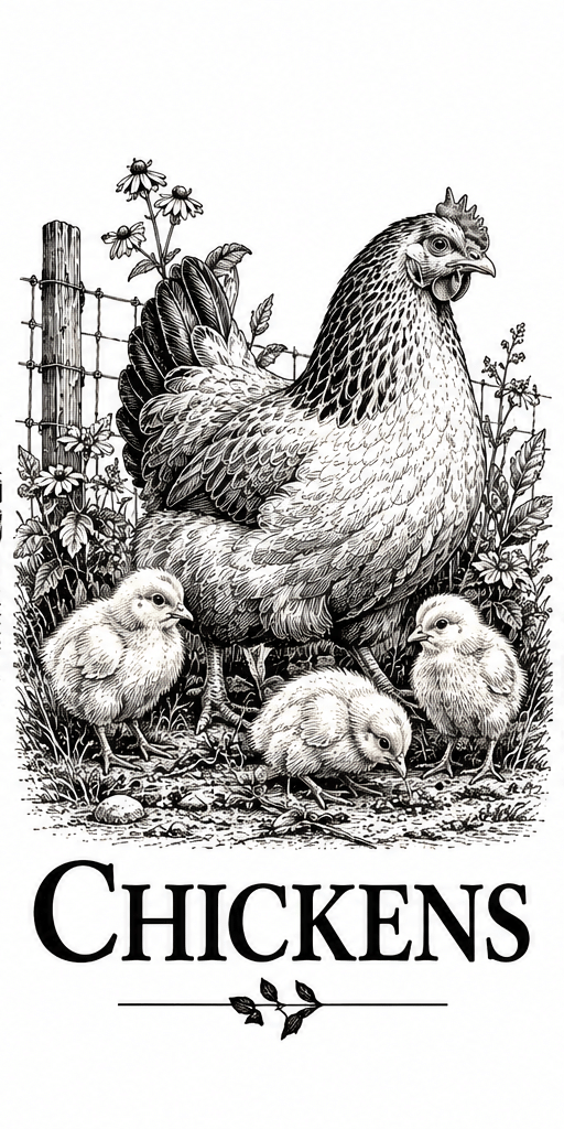 Hand-drawn chickens illustration for Coffee Homestead