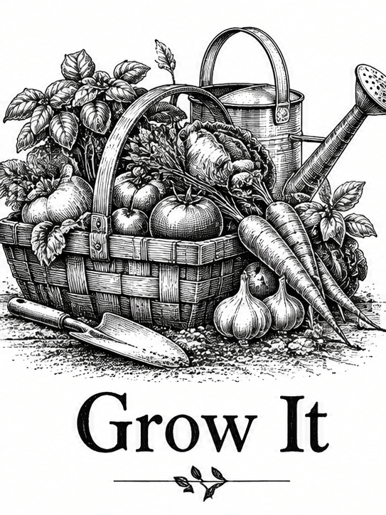 Vintage black and white illustration of a garden harvest basket for Grow It