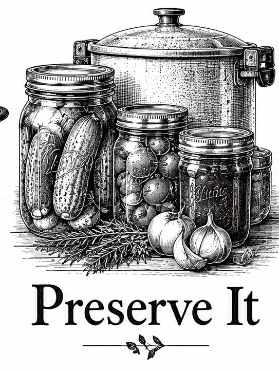 Vintage black and white illustration of canning jars and a canner for Preserve It