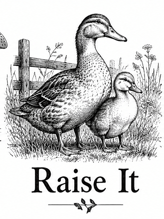 Vintage black and white illustration of a duck and duckling for Raise It