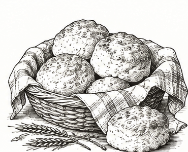Vintage black and white illustration of a cast iron skillet meal for Cook It