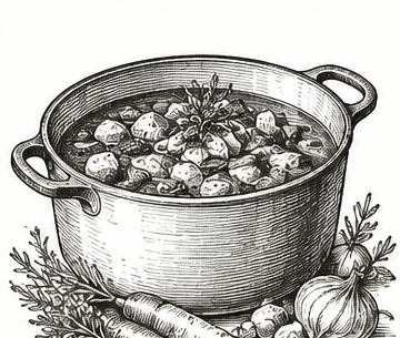 Vintage black and white illustration of a cast iron skillet meal for Cook It